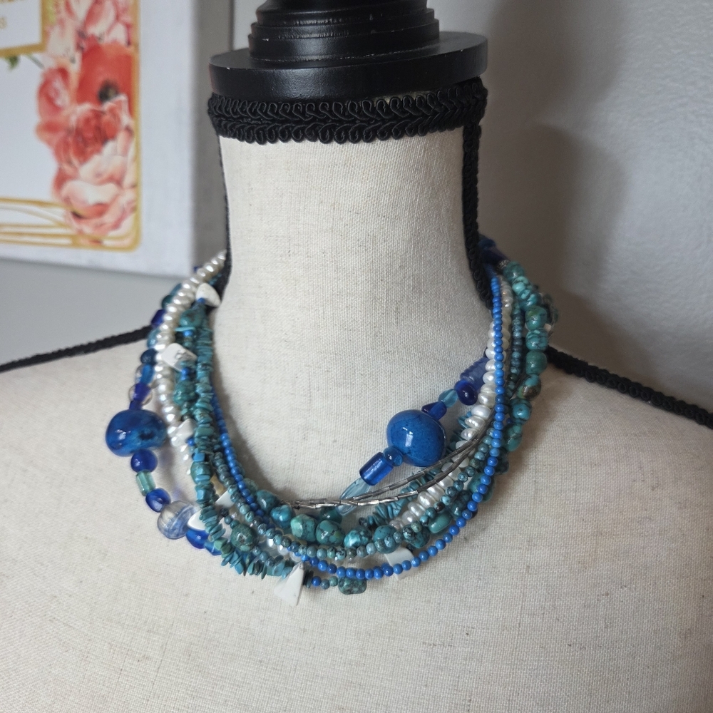 tourquoise white jade lapis multi strand chunky beaded pearl necklace 925 clasp